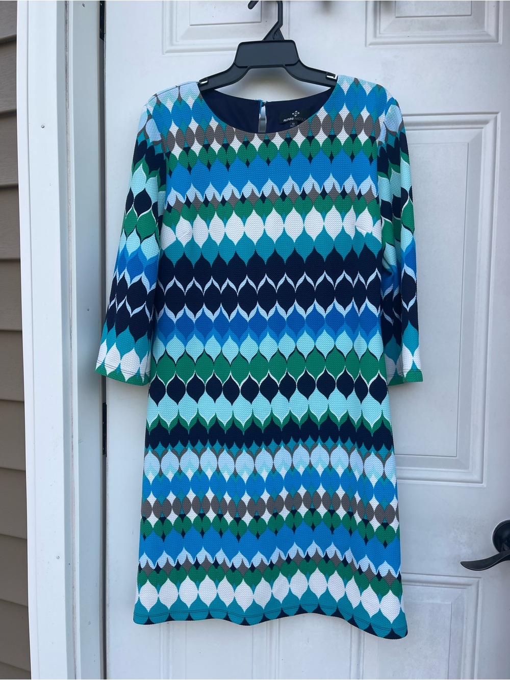 Ronni Nicole Blue Green Vintage Geometric Shift Dress Size 10